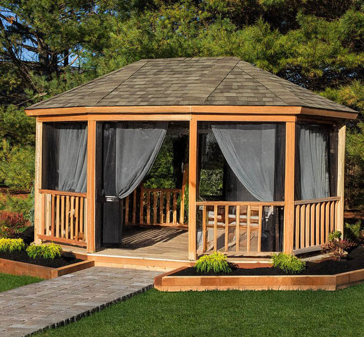 Black mosquito net curtains line the inside of a gazebo
