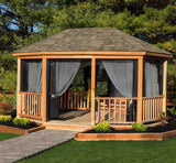 Black mosquito net curtains line the inside of a gazebo